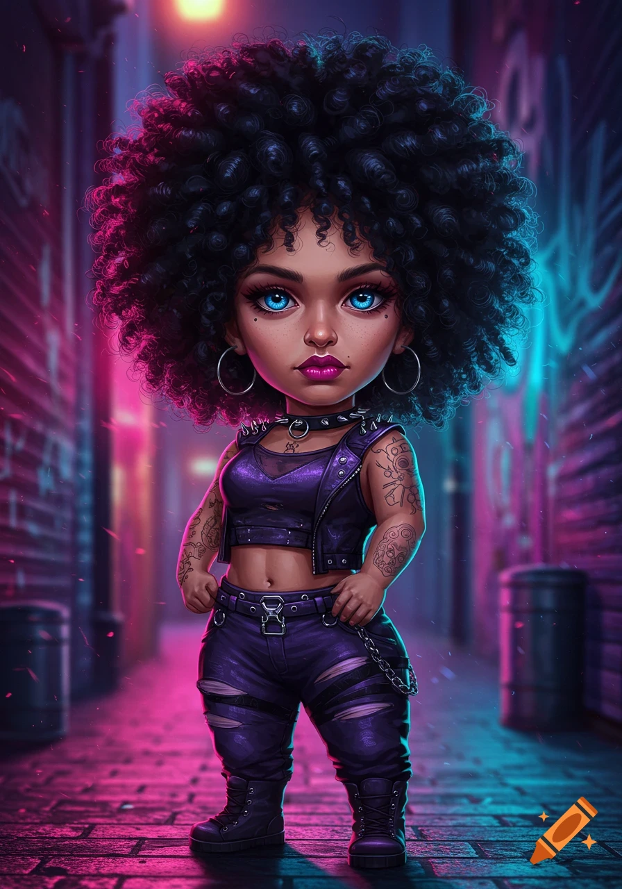 A full-body stylized cartoon of a short woman with black curly hair, blue eyes, and pink lipstick, dressed in a purple punk rock outfit, standing in a neon-lit alley.