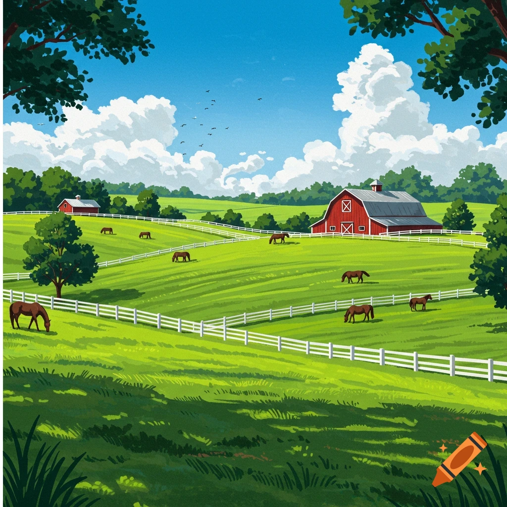 An illustrated countryside scene with green rolling hills, horses grazing, white fences, and red barns under a blue sky.