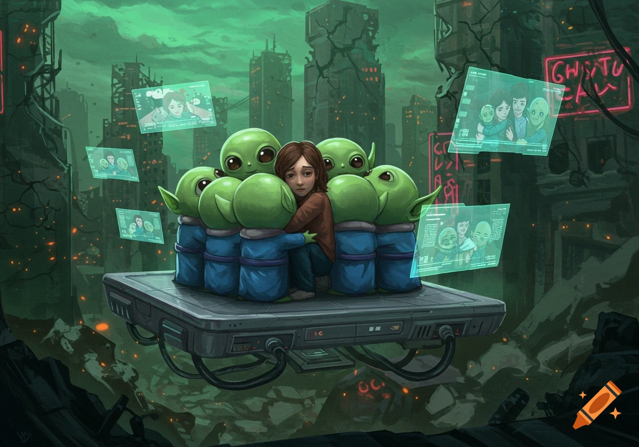 A lone person is hugged by several small green aliens on a flying platform above a ruined, green-tinged city with holographic screens.