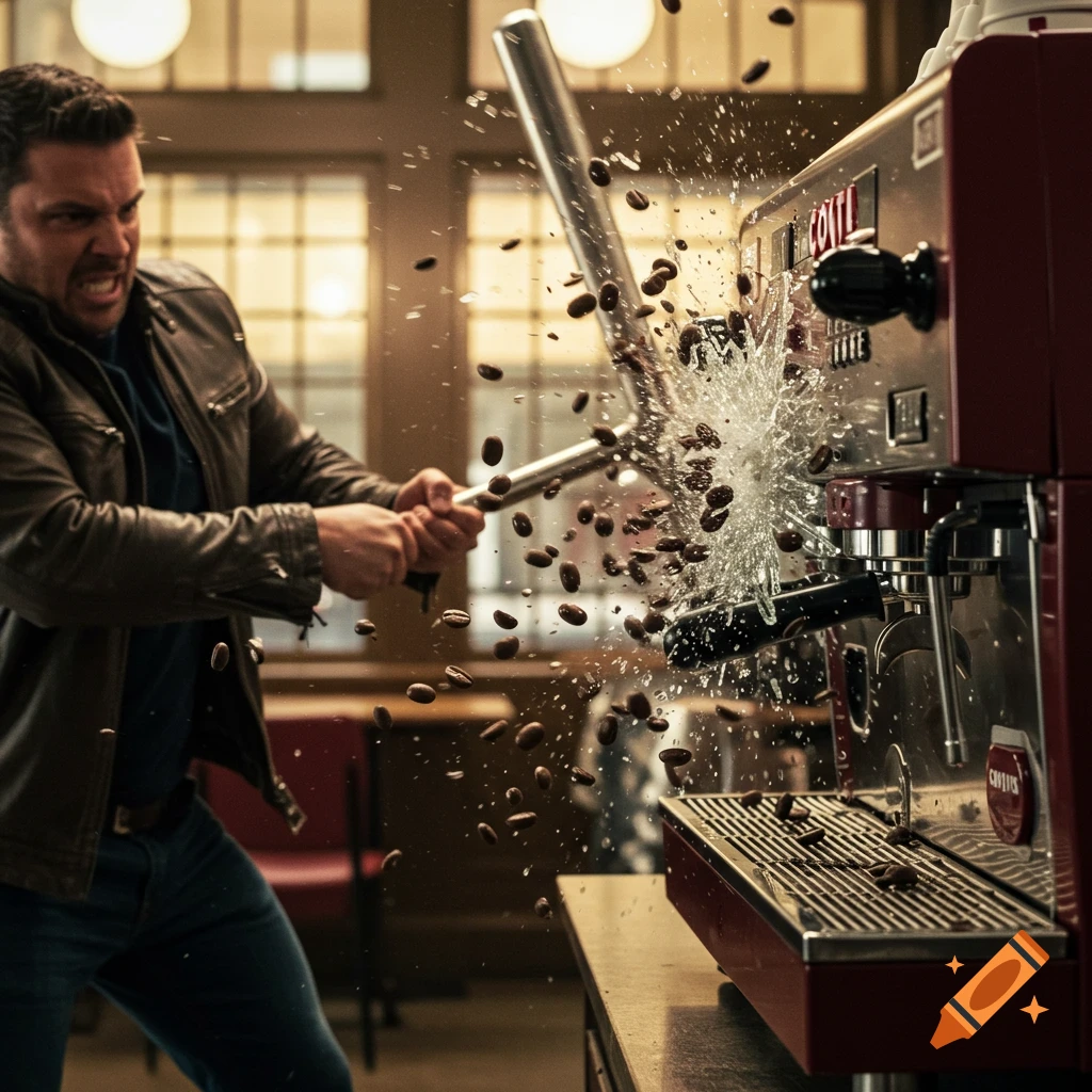 A man in a leather jacket aggressively smashes a red coffee machine with a metal bat, sending coffee beans and glass shards flying. Photorealistic style.
