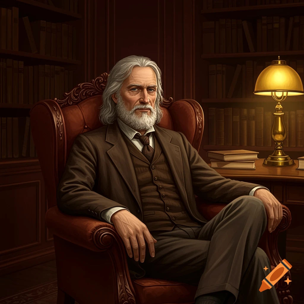A distinguished older man with a long white beard and grey hair sits in a red leather armchair in a library.