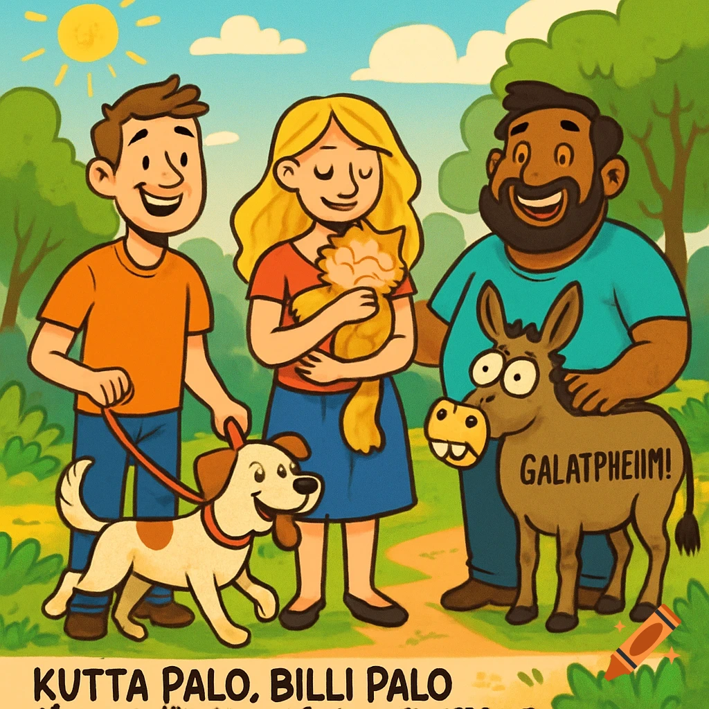 A cheerful cartoon scene showing a diverse group of people with their dog, cat, and a unique donkey in a park setting.