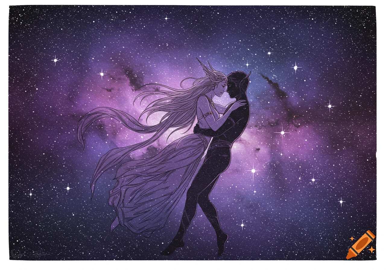 An etching of a woman and a man embracing while floating in a vibrant purple and blue galaxy full of stars.