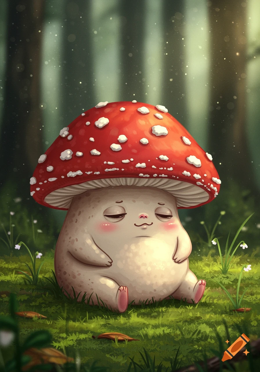 A sleepy, chunky amanita muscaria mushroom with tiny limbs sits on green grass in a whimsical forest.