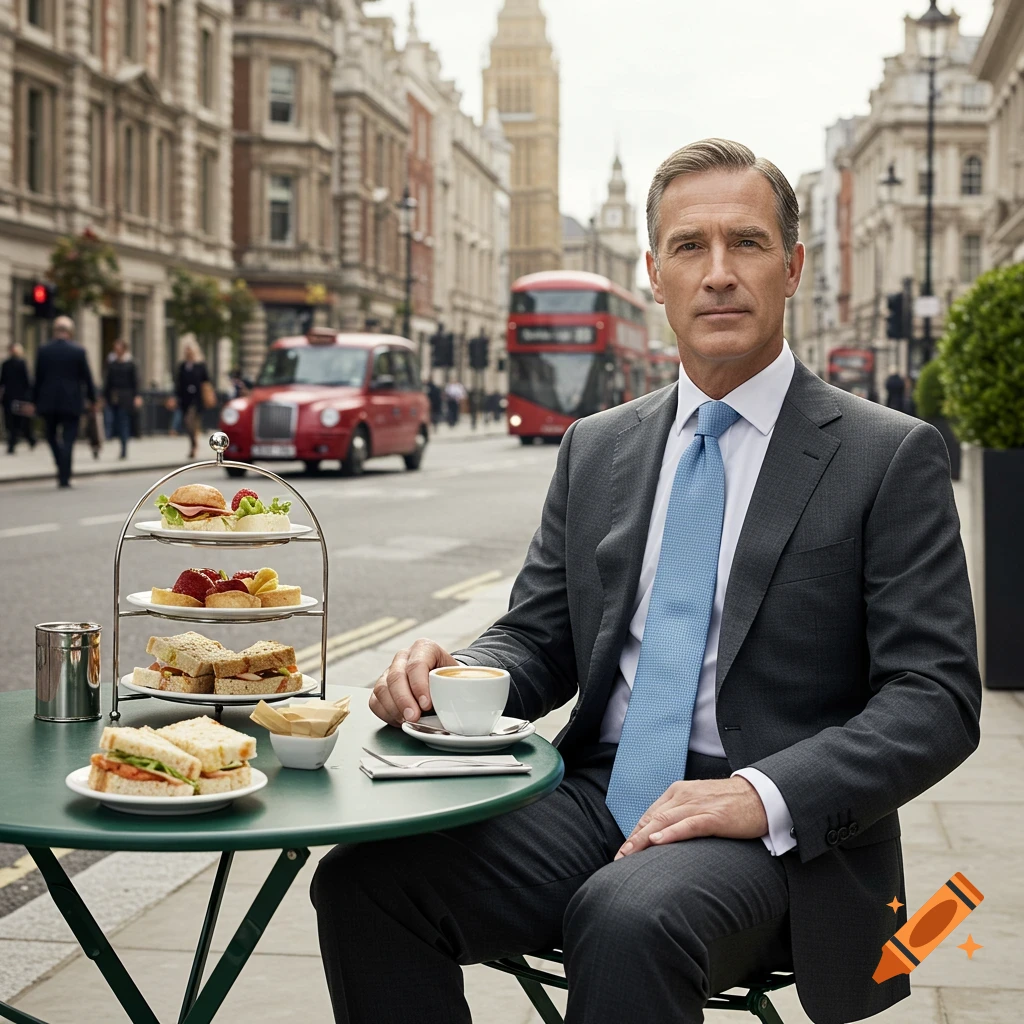 A man in a suit sits at a cafe table with a tea stand and coffee on a London street with a bus and taxi.