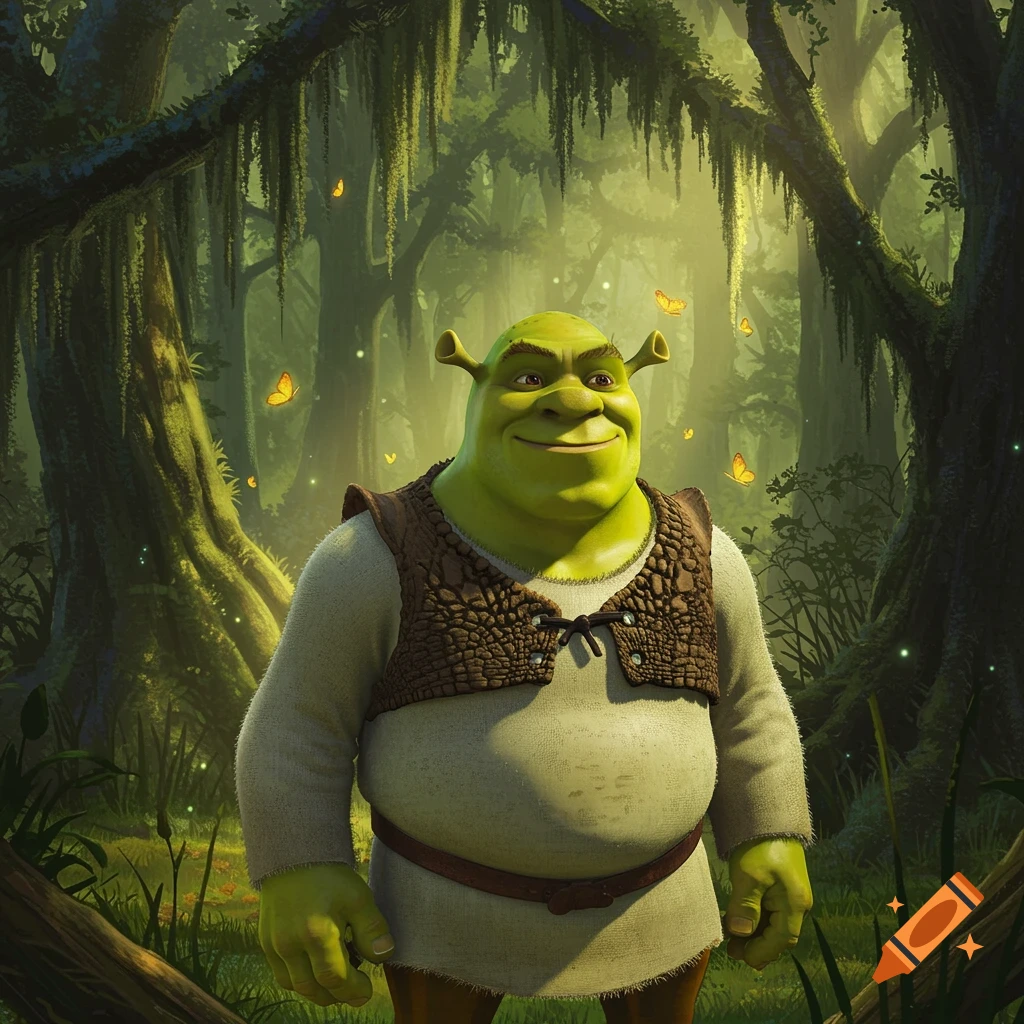 Shrek standing in a sunlit, mossy swamp forest with orange butterflies, smiling, in a CGI animation style.