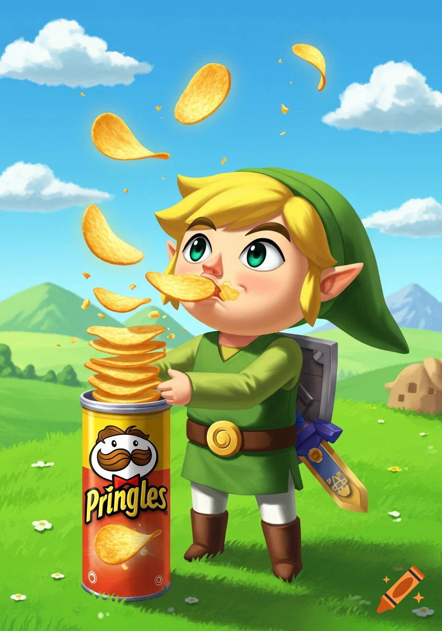 Toon Link eating potato chips from a Pringles can in a green landscape.