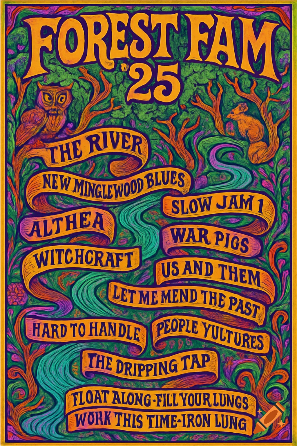 A colorful psychedelic vintage setlist poster for 'Forest Fam '25' featuring an owl, a creature, and a river winding around multiple song titles.