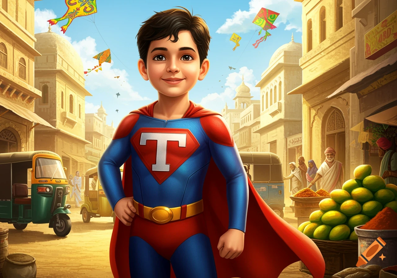 An illustration of a young Indian boy in a red and blue superhero suit with a white 'T' on the chest, standing in a sunny, bustling marketplace with buildings and people in the background, and kites in the sky.