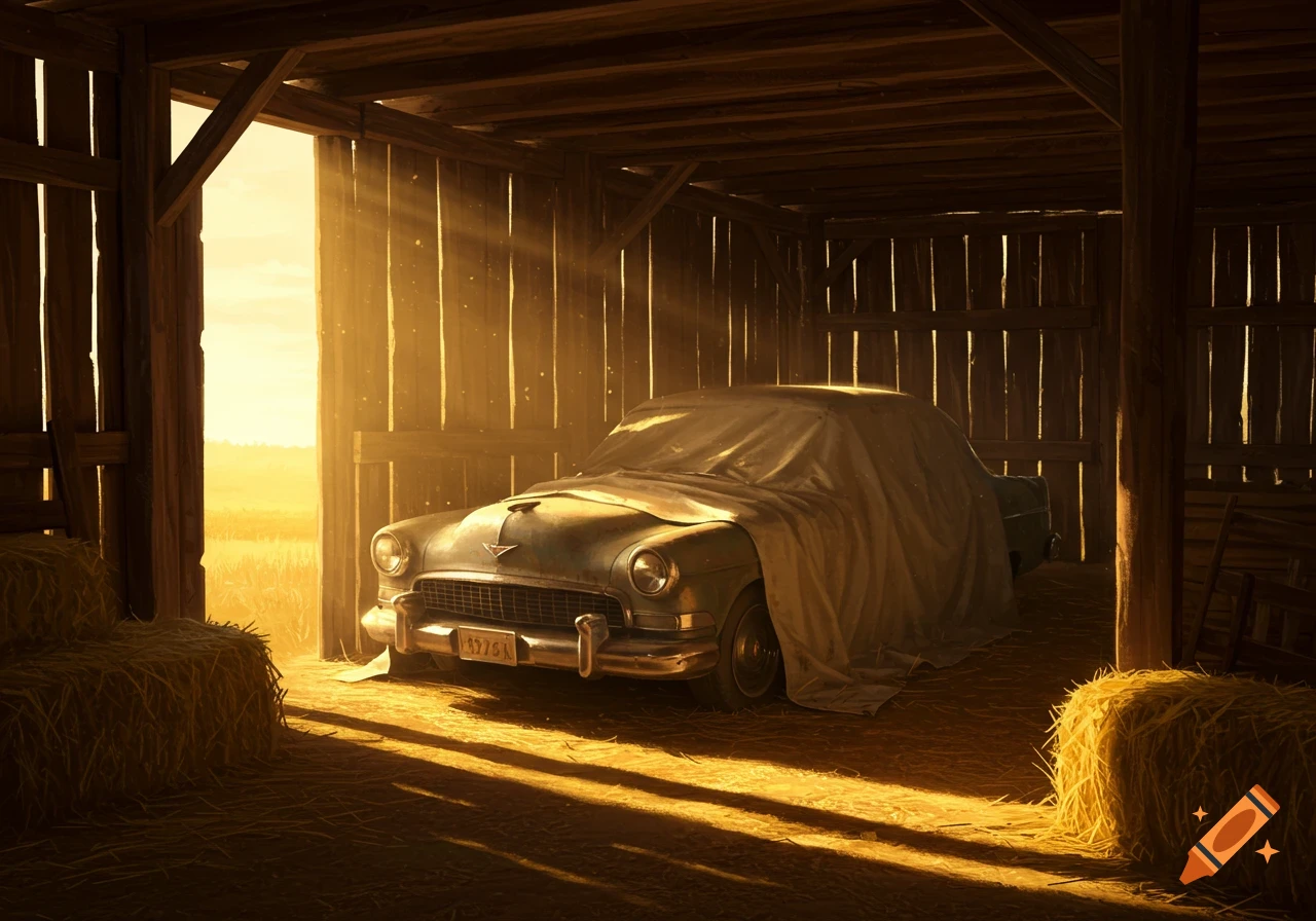 A dusty, classic car partially covered by a tarp inside a sunlit wooden barn.