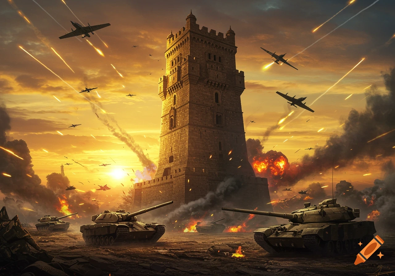Tanks and planes attack a towering fortress at sunset, amidst explosions and falling projectiles, in a photorealistic style.
