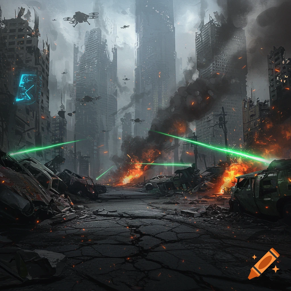 A dark, post-apocalyptic city street with destroyed buildings, burning rubble, green laser beams, and flying drones.