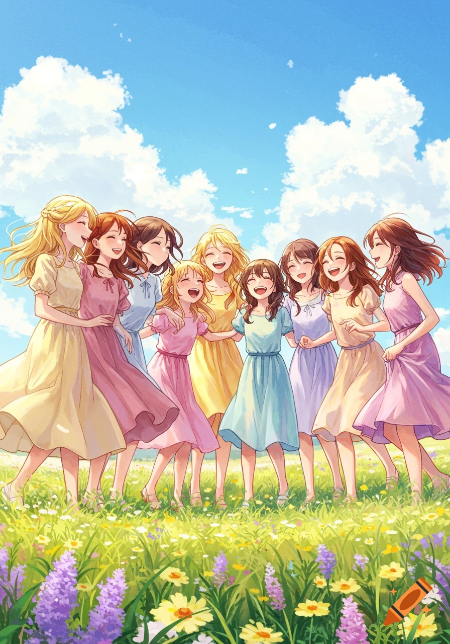 A group of smiling anime girls in colorful dresses stand together in a sunny field of flowers under a blue sky.