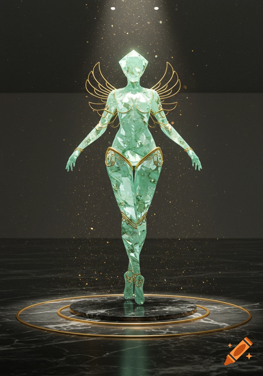 A shimmering emerald-green crystal statue of a feminine figure with gold wings and armor accents, standing on a dark marble pedestal under a spotlight.