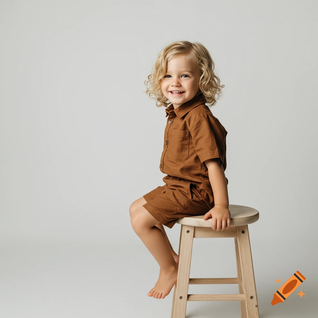 A young child with curly blonde hair sits on a wooden stool against a white studio background, smiling and looking at the camera.