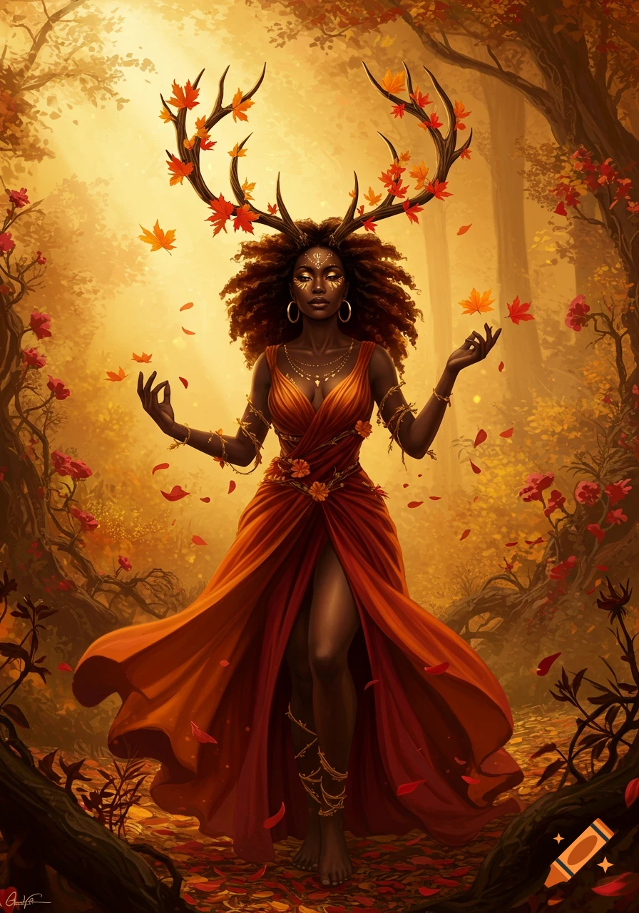 A serene fantasy goddess with antlers and an orange dress stands in an autumn forest, surrounded by falling leaves.