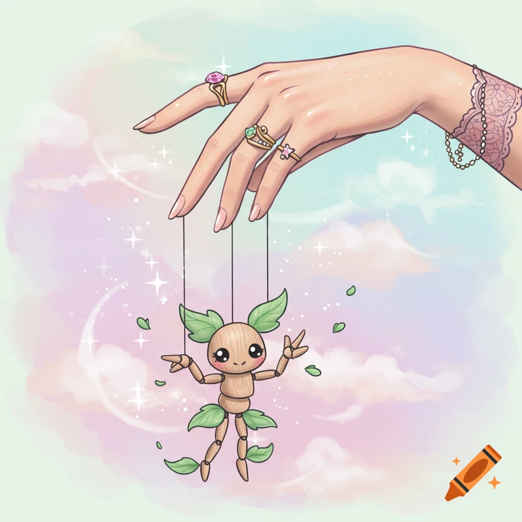 A stylized hand with rings and a lacy wrist tattoo controls a small, cute wooden puppet with green leaves, against a pastel sky.