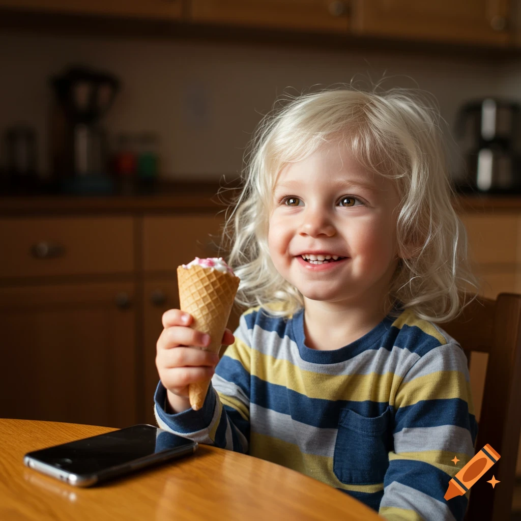 A smiling blonde toddler sits at a kitchen table holding an ice cream cone. A smartphone lies next to him. Photorealistic.