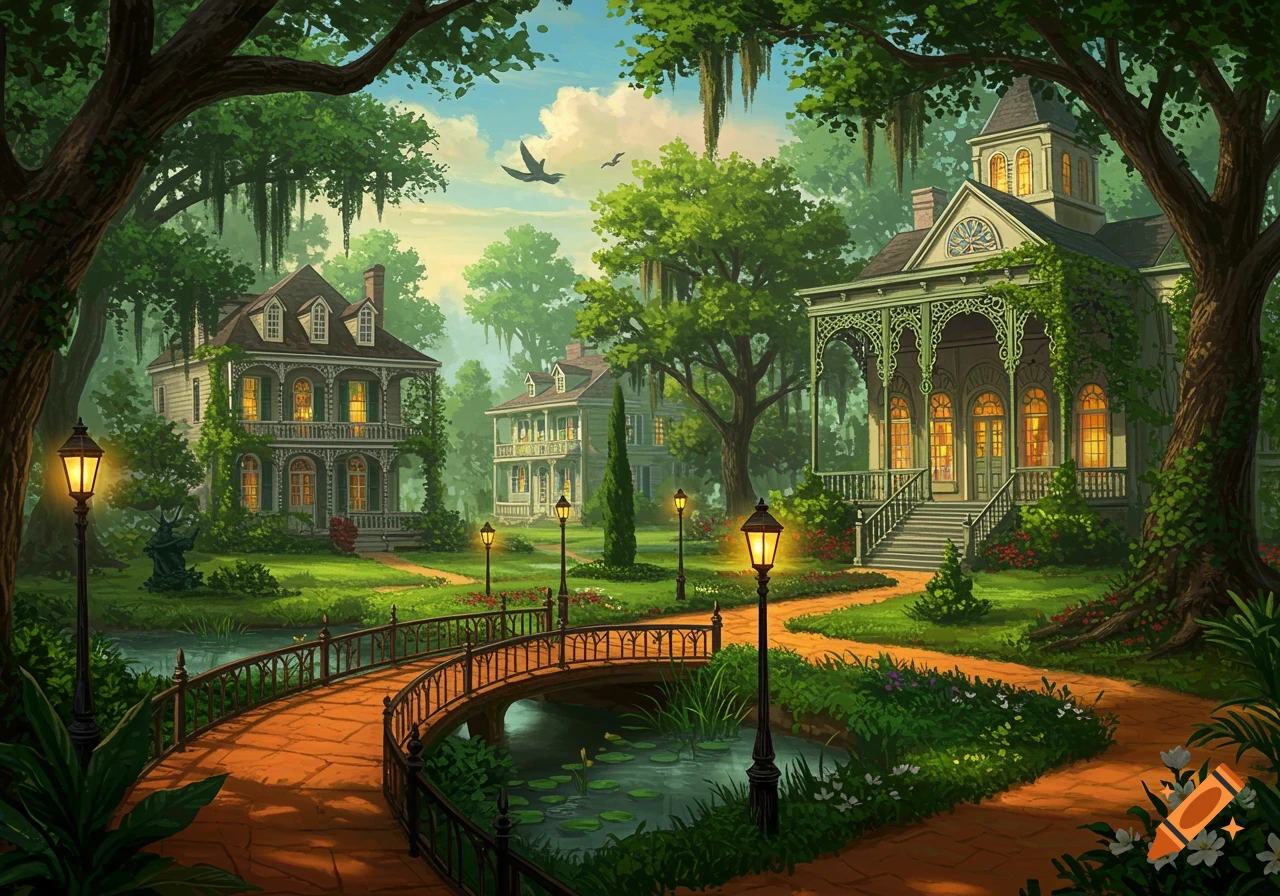 A vibrant, stylized landscape with large, ornate houses, lush green trees with Spanish moss, a curved bridge over a pond, and glowing lampposts, evoking a New Orleans theme.