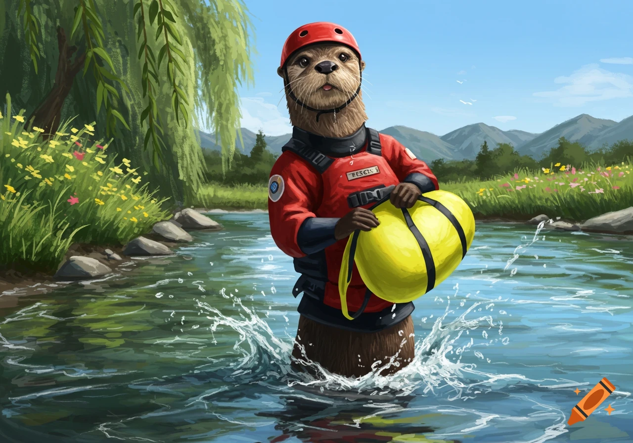 An illustration of an otter dressed as a swiftwater rescue swimmer, holding a yellow throwbag in a river.
