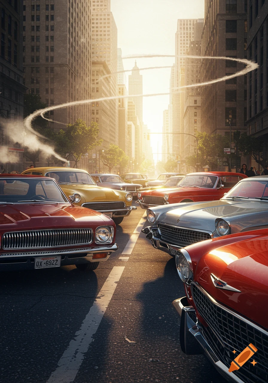 Vintage cars are stuck in traffic on a sunlit city street with tall buildings and smoke trails in the background.