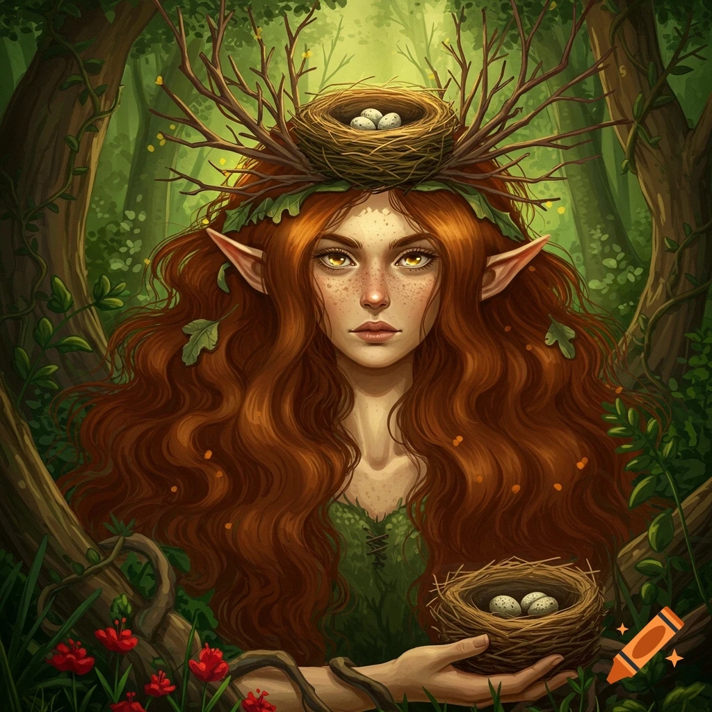 A fantasy portrait of a red-haired woman with elf ears in a forest, wearing a bird's nest crown and holding another nest.