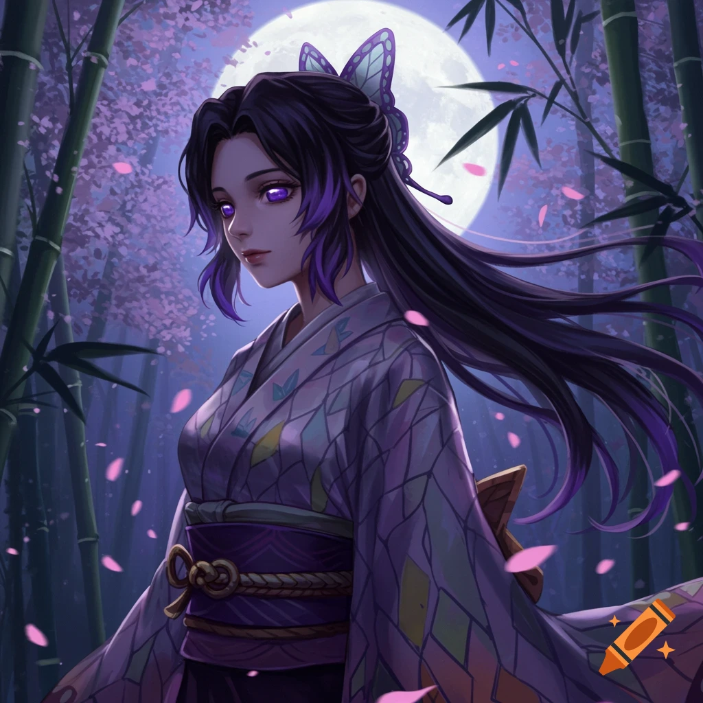 An anime illustration of a woman with dark purple hair and eyes, wearing a purple kimono, standing in a bamboo forest under a full moon with pink blossoms.