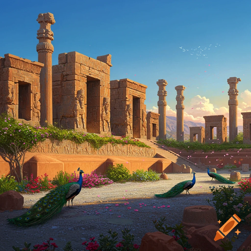 A vibrant depiction of ancient ruins with ornate pillars and carved walls, featuring peacocks strolling amidst pink flowers under a clear blue sky.
