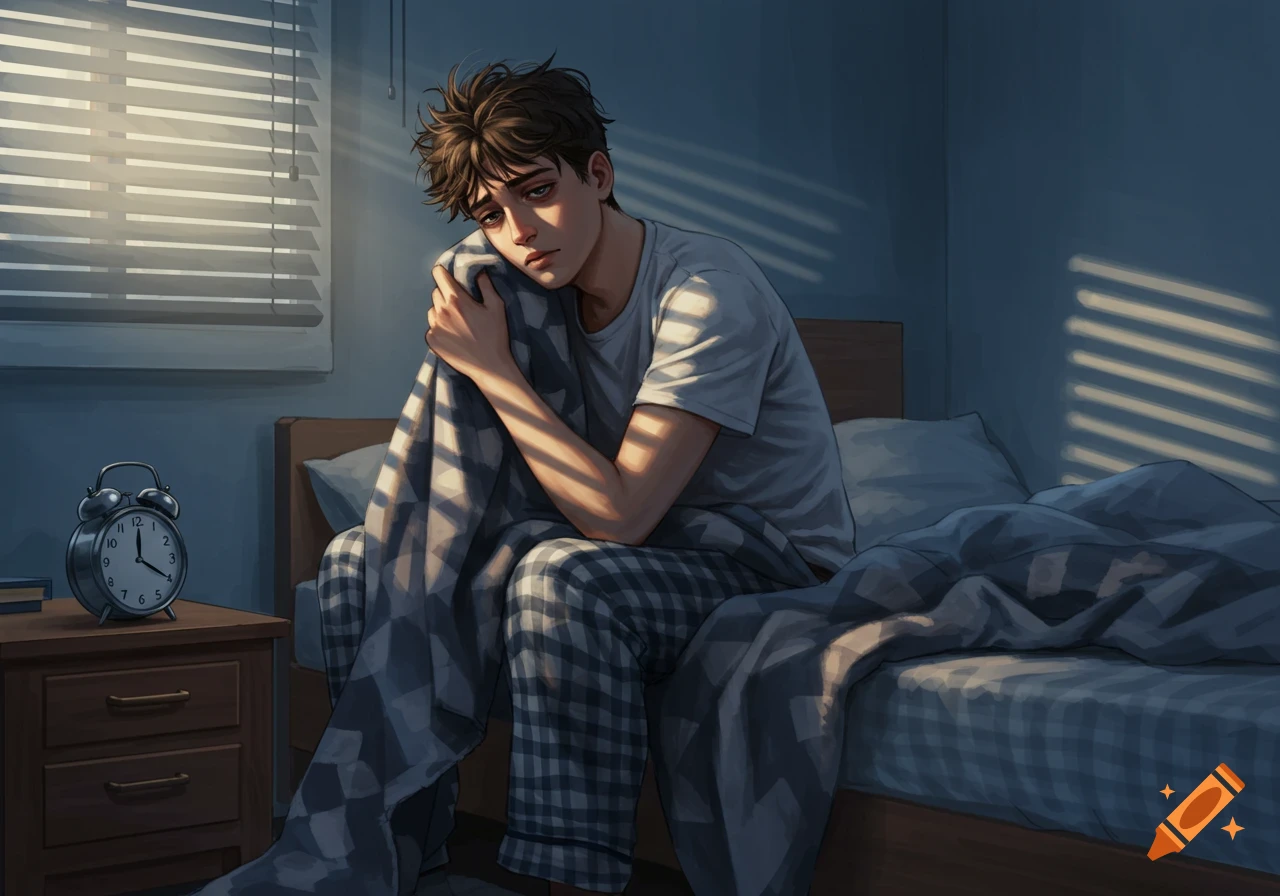 A sad, sleepy young man sits on his bed in pajamas, bathed in early morning sunlight filtering through blinds.