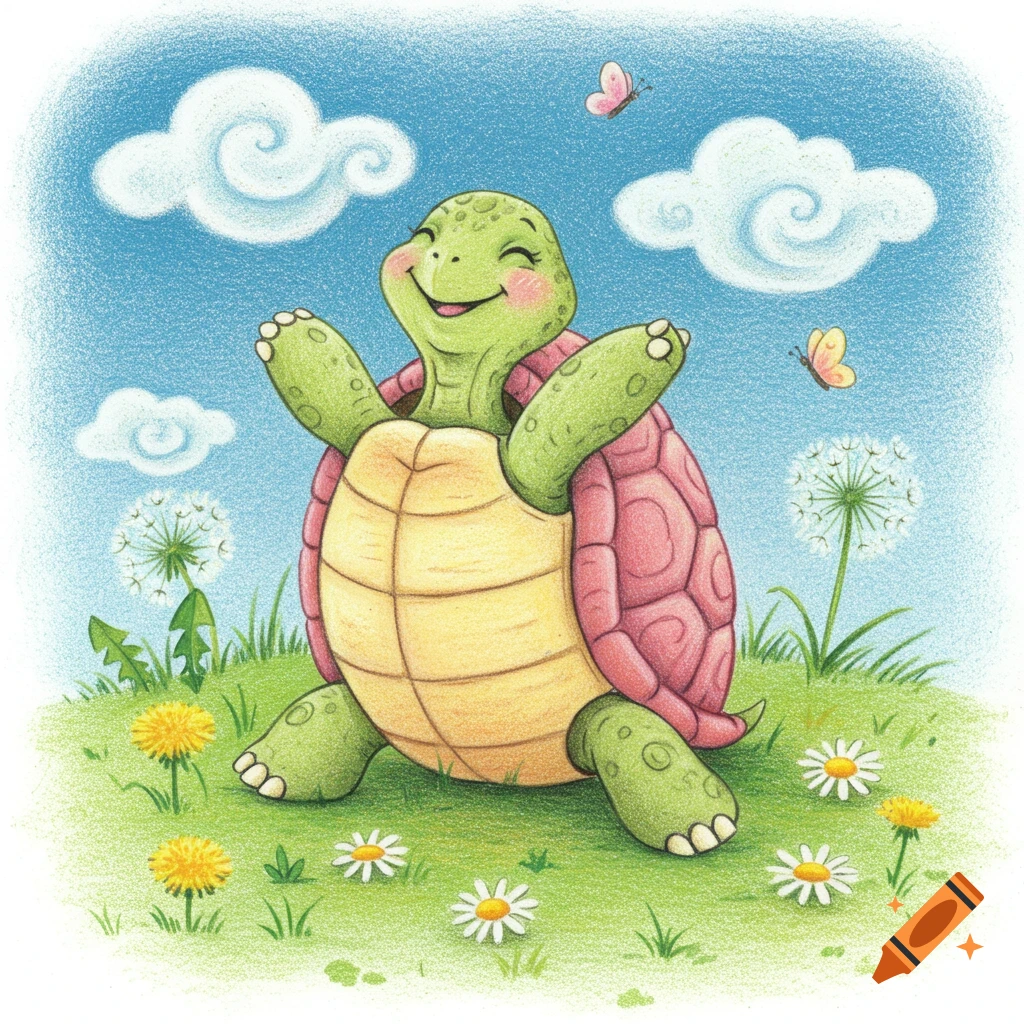A whimsical, smiling green turtle with a pink shell stretching its limbs in a field with dandelions and daisies under a blue sky with clouds and butterflies, in a colored pencil style.