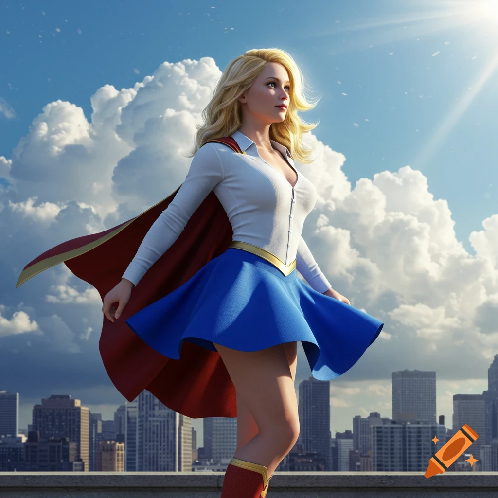 Photorealistic depiction of Supergirl standing on a rooftop, cape flowing, against a sunny, cloudy sky and city skyline.