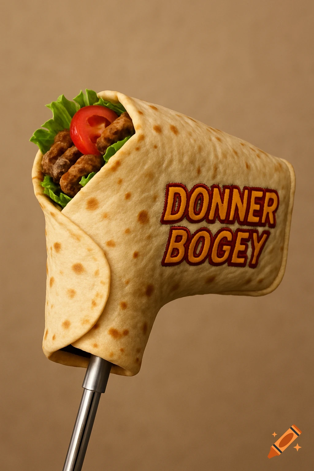 A photorealistic golf putter headcover shaped like a doner kebab wrap with lettuce, meat, and tomato showing, featuring the text "DONNER BOGEY" on its side.