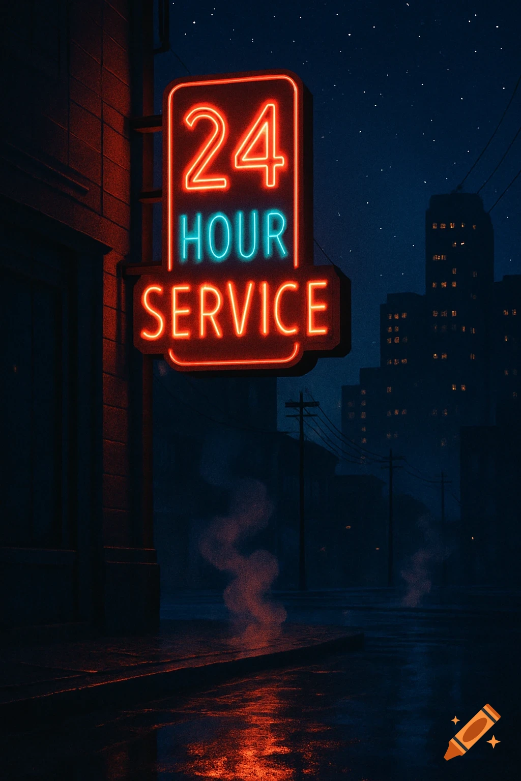 A bright red and blue neon sign for '24 HOUR SERVICE' illuminates a dark, wet city street at night, with buildings in the background.
