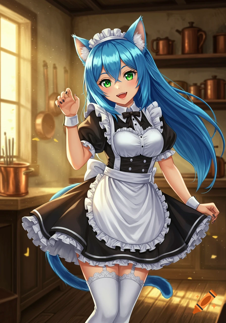 An anime cat girl maid with blue hair and green eyes, wearing a black and white maid uniform, stands smiling in a kitchen.