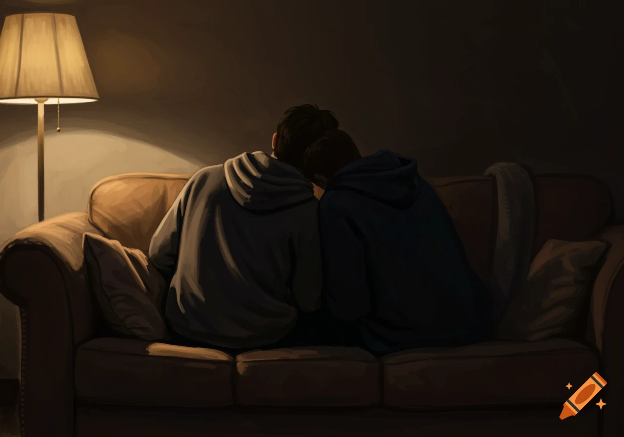 An illustration of two men sitting on a couch, viewed from the back, one leaning his head on the other's shoulder in a dimly lit room.