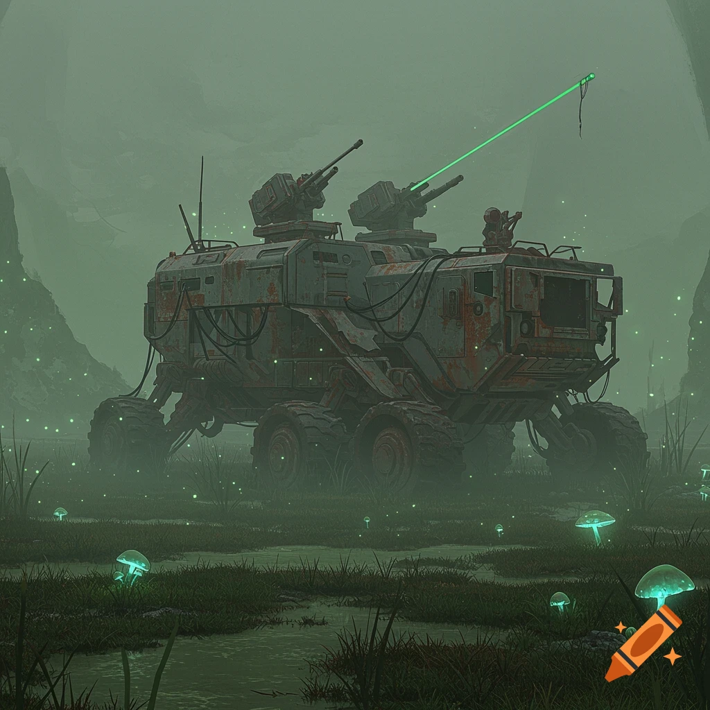 A rusted, futuristic rover with mounted laser turrets in a misty, green alien swamp with glowing mushrooms.