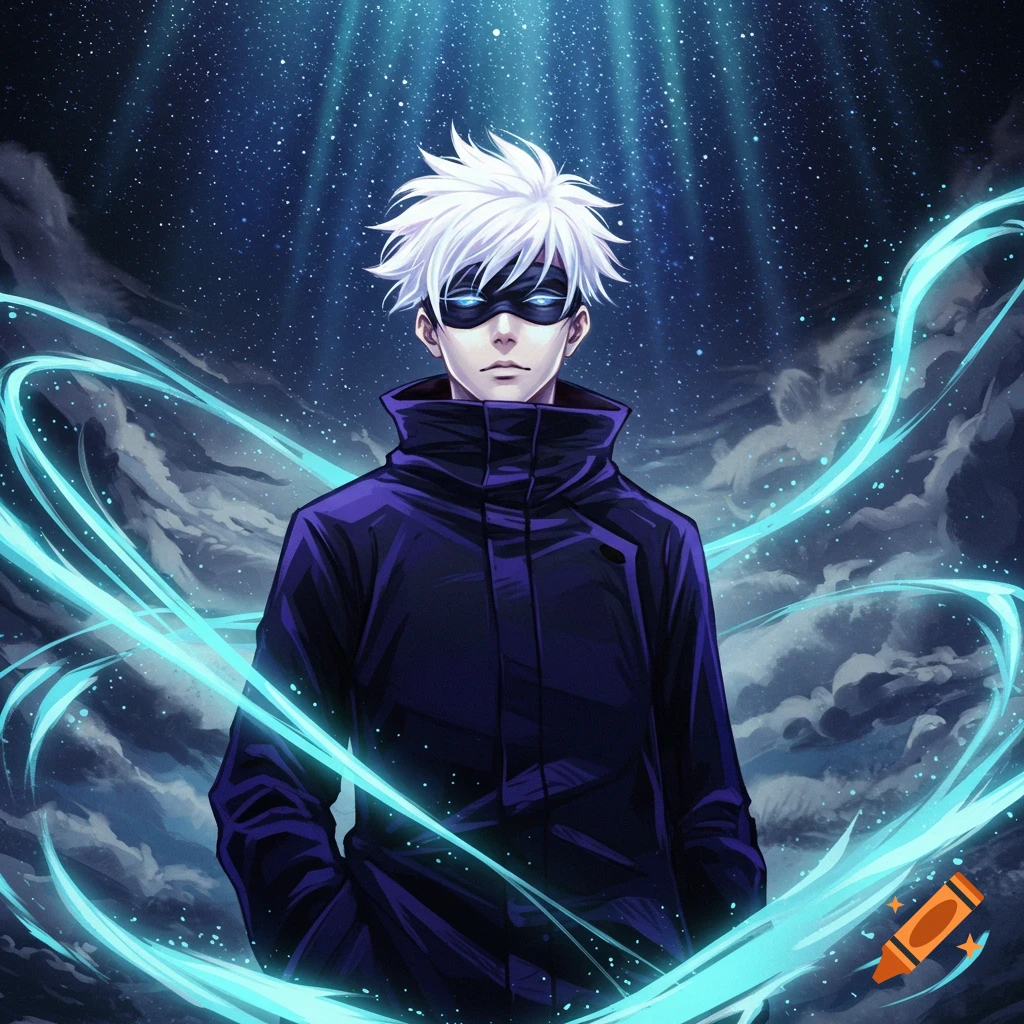 An anime character with white spiky hair, a blindfold, and a dark coat stands amidst glowing blue energy and a starry night sky.