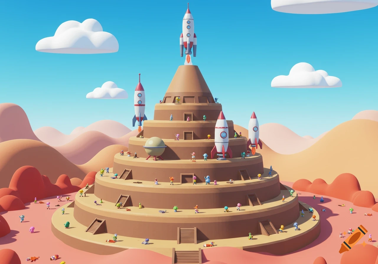 A cartoonish stepped pyramid on a desert-like planet, featuring multiple rockets on its levels, with small figures scattered around.