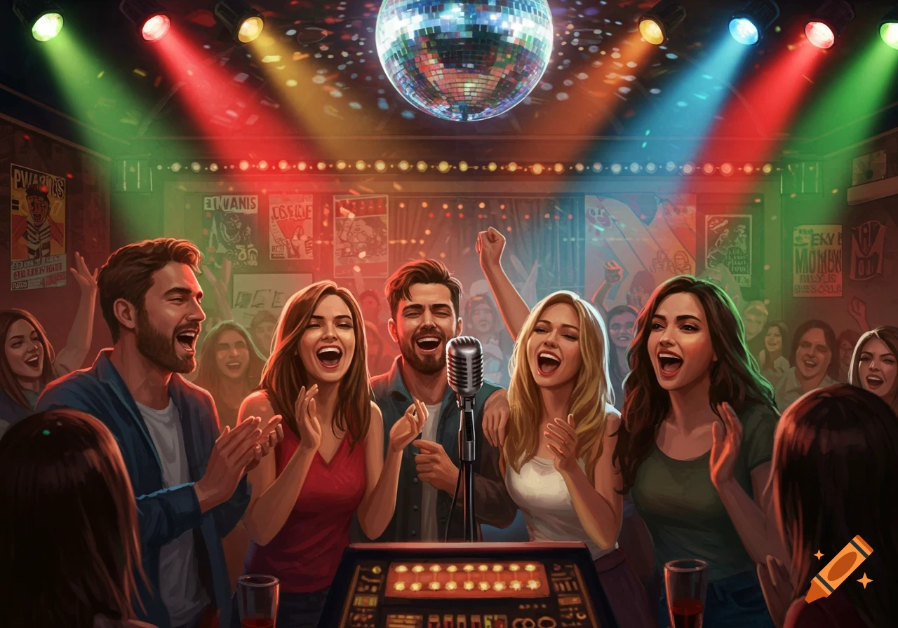 A vibrant illustration shows a diverse group of happy friends singing karaoke under disco lights in a lively bar.