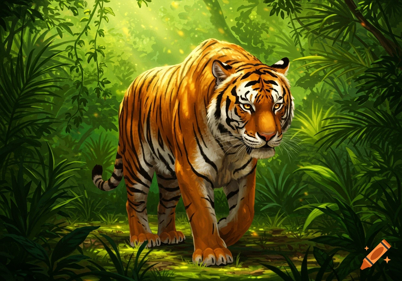 A majestic tiger stands in a vibrant, sunlit jungle, surrounded by dense green foliage. Illustrated style.