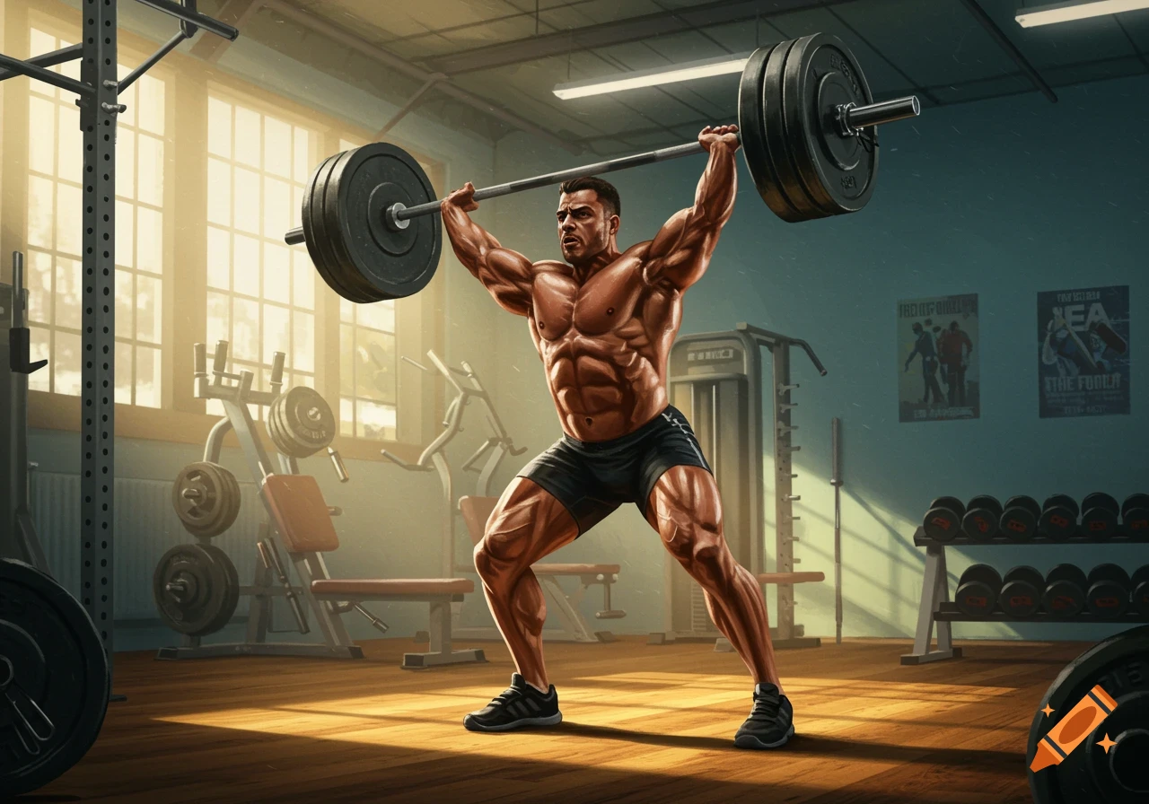 A muscular man performing an overhead lift with a barbell in a brightly lit gym.