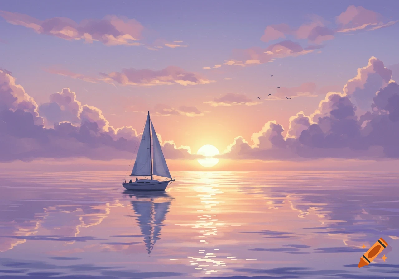 A serene digital painting of a sailboat on calm water at sunset, with soft purple and orange clouds reflecting on the surface.