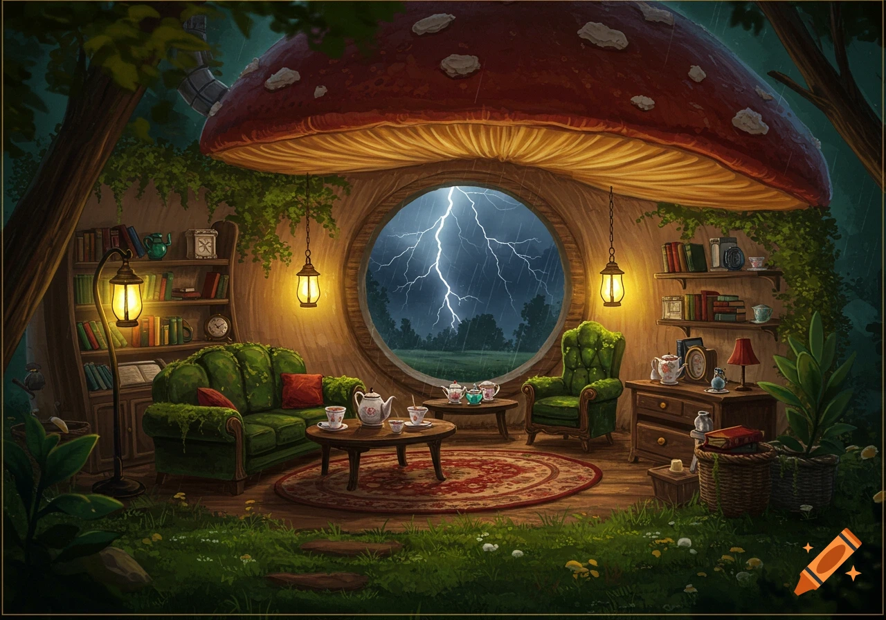 A cozy mushroom house interior with green furniture, bookshelves, and lanterns. A large round window shows a stormy landscape with lightning outside.