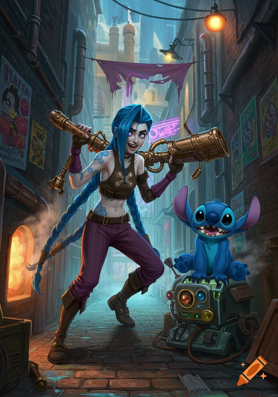 Jinx from Arcane, with long blue braids and holding two steampunk-style weapons, stands next to Stitch the blue alien in a gritty alleyway.
