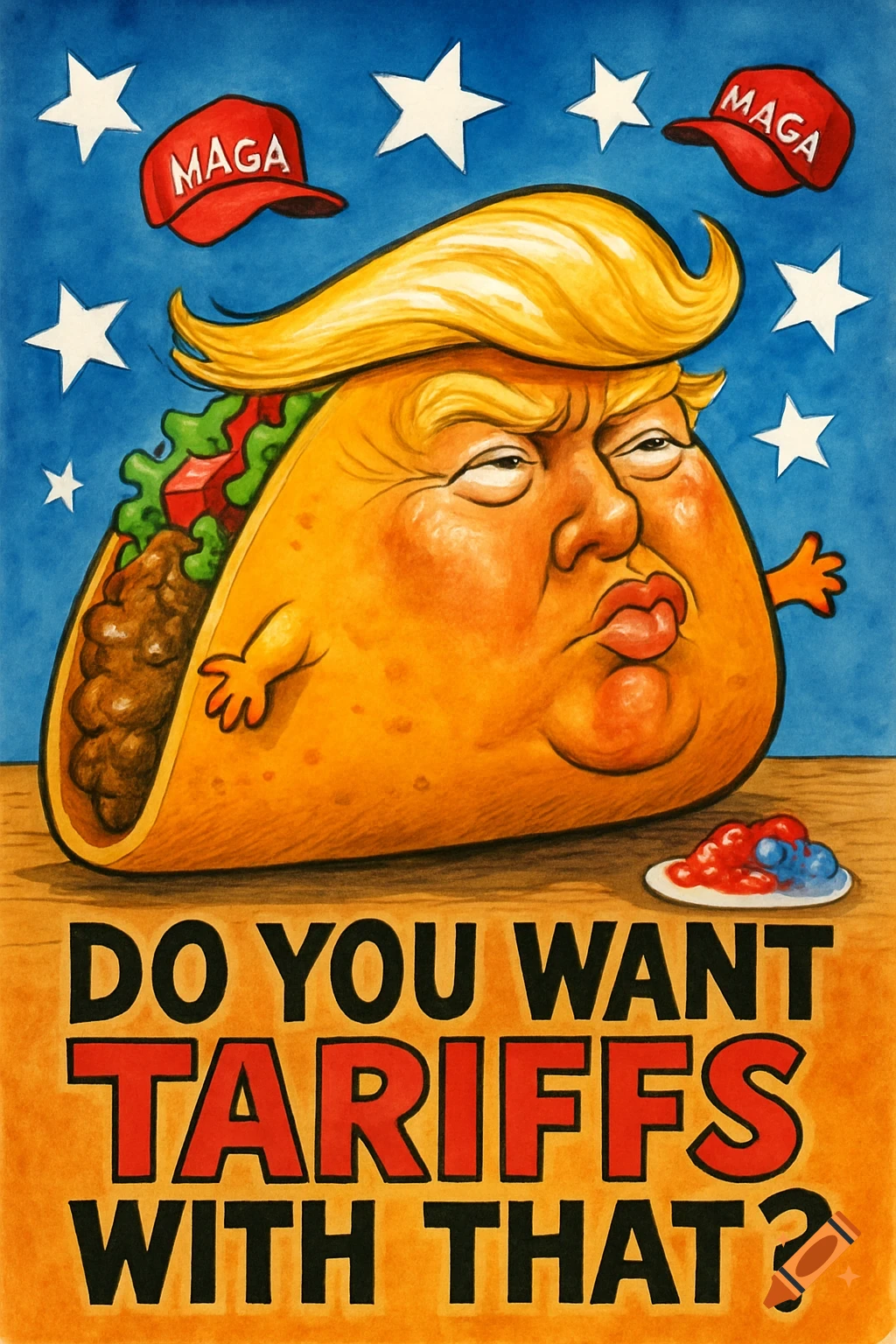 Cartoon of a taco with Donald Trump's face and blonde hair, small hands, and MAGA hats floating above it, with stars on a blue background. Below, text reads: 'DO YOU WANT TARIFFS WITH THAT?'