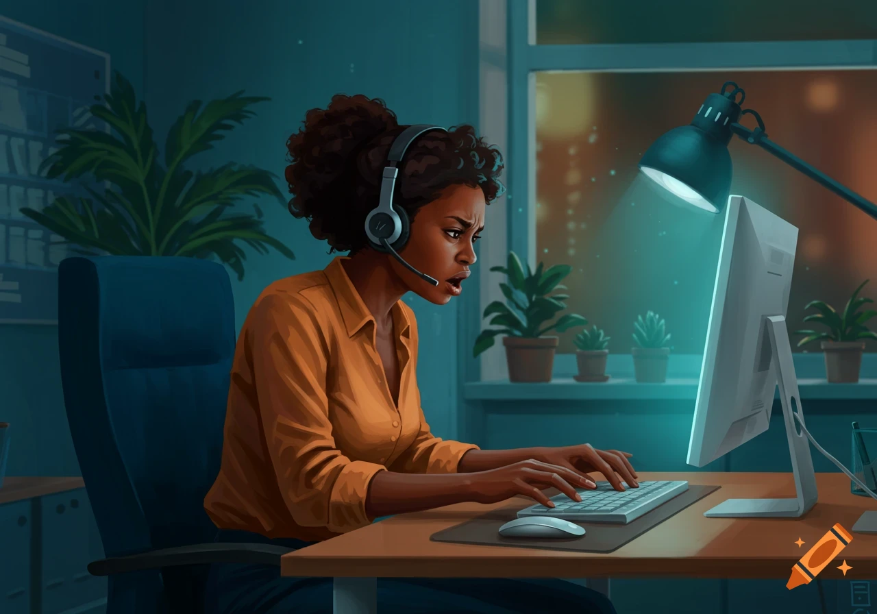 A frustrated Black woman with a headset types on a computer in a dimly lit home office.