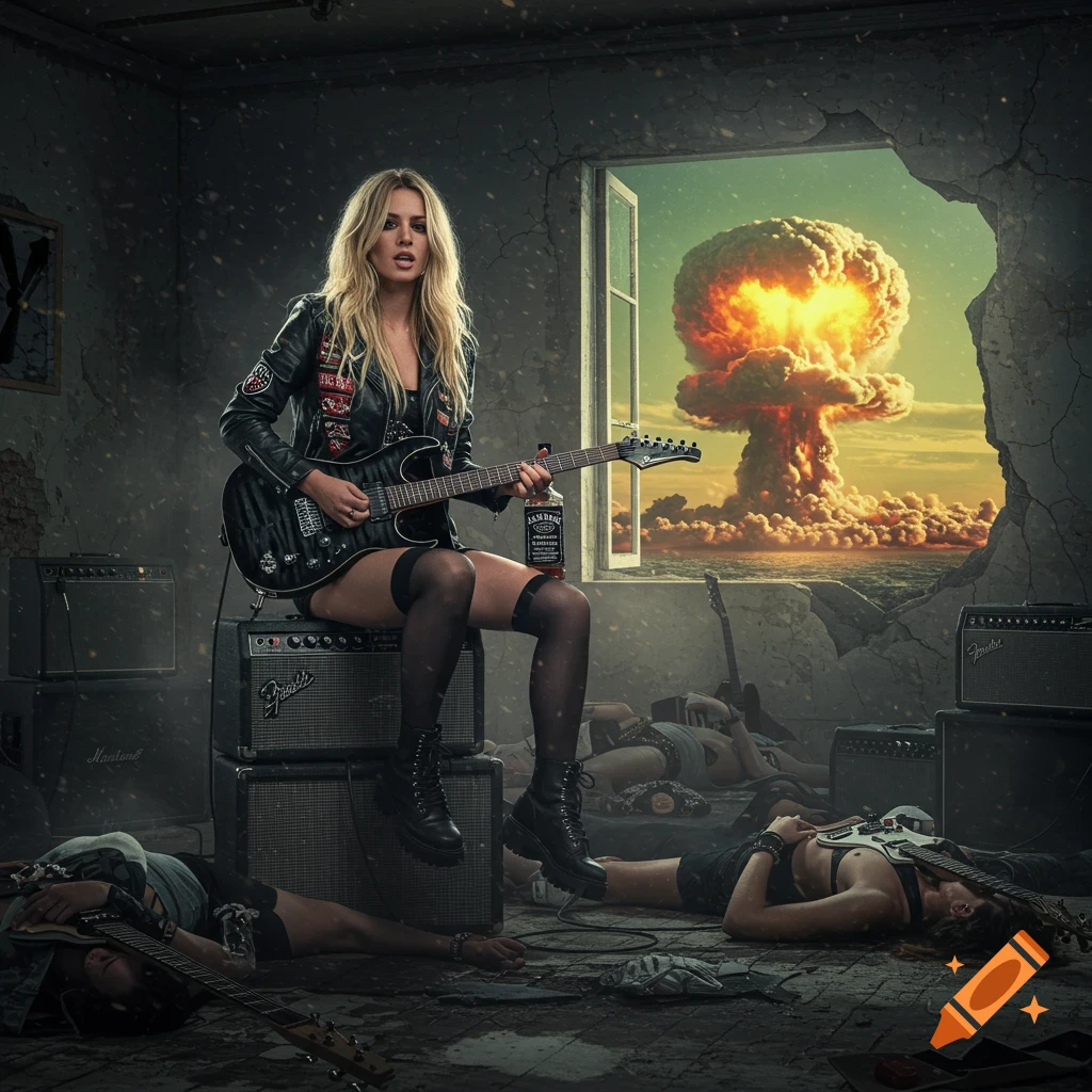 A blonde woman in a leather jacket and mini skirt sits on a Fender amp, holding a guitar and a Jack Daniels bottle, with a mushroom cloud outside a broken window and passed-out band members on the floor.