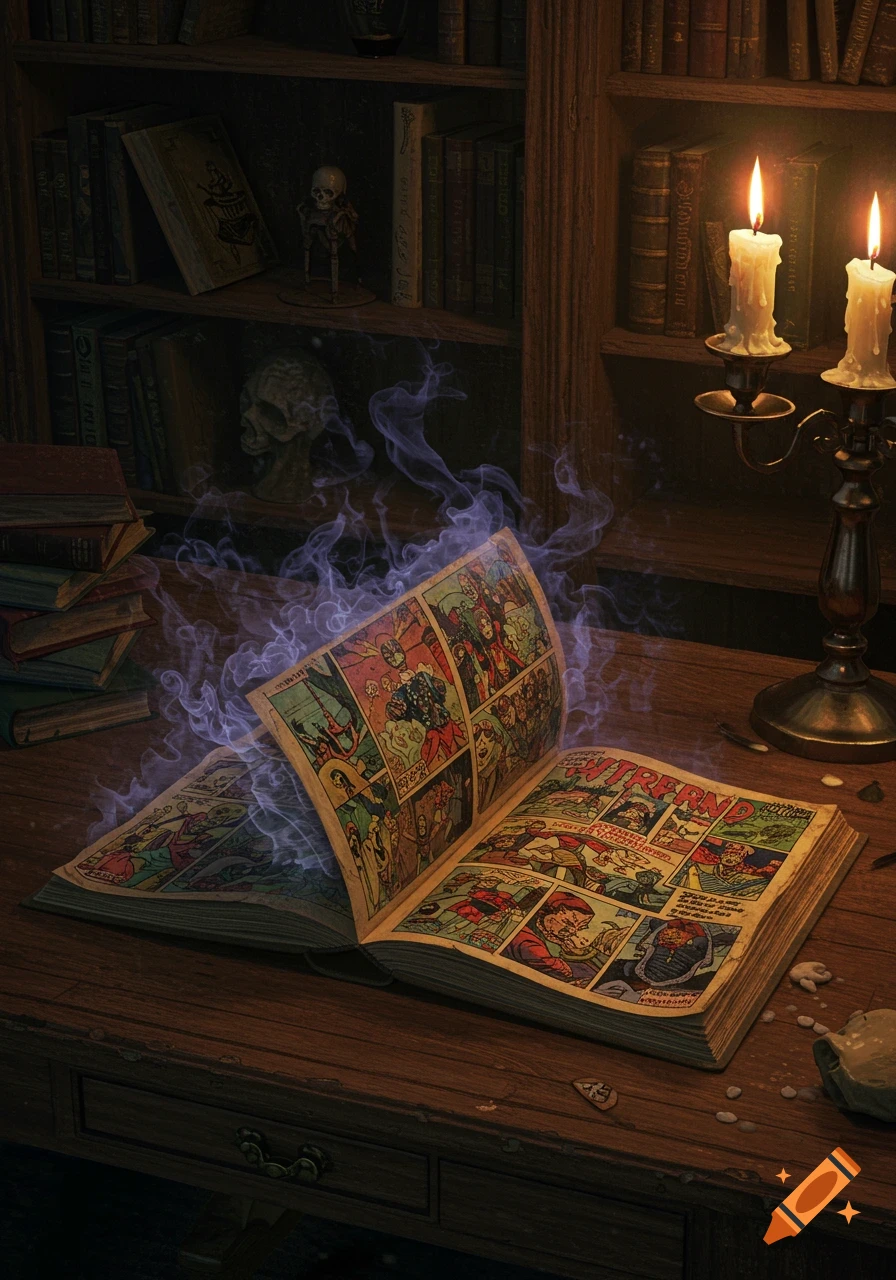 An open, old-fashioned comic book glows with purple magical smoke on a wooden desk, surrounded by bookshelves and lit candles, in a dimly lit study.