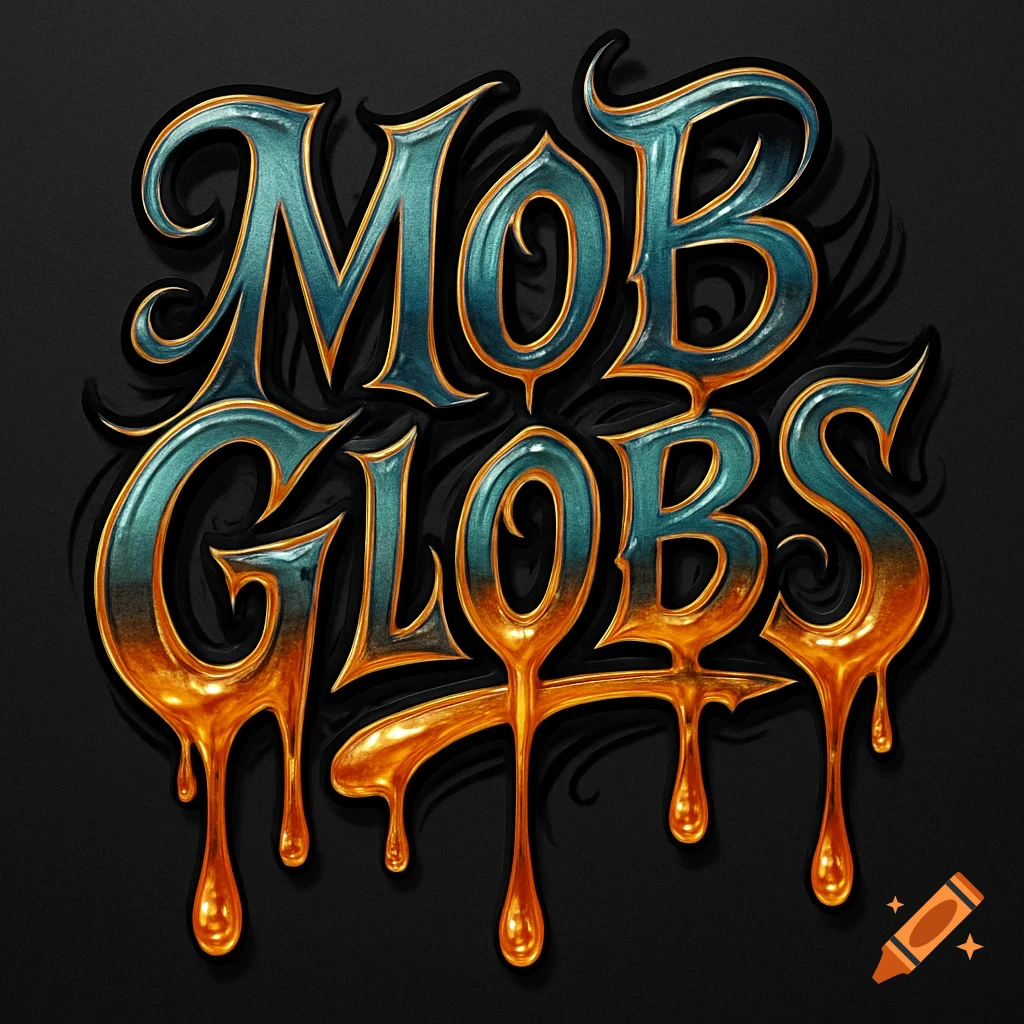 A stylized logo spells 'MOB GLOBS' in a new age tattoo style with gold and teal colors and dripping honey at the bottom.