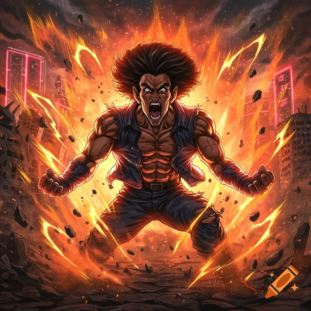 An intense, muscular man with an afro, styled like Dragon Ball Z, roars amidst explosive orange energy and a ruined cityscape.